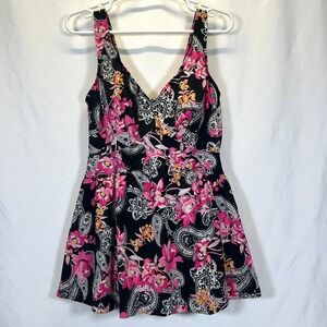 Maxine of Hollywood Swimsuit Plus Size 18W Dress Skirt Pink Black Floral Empire